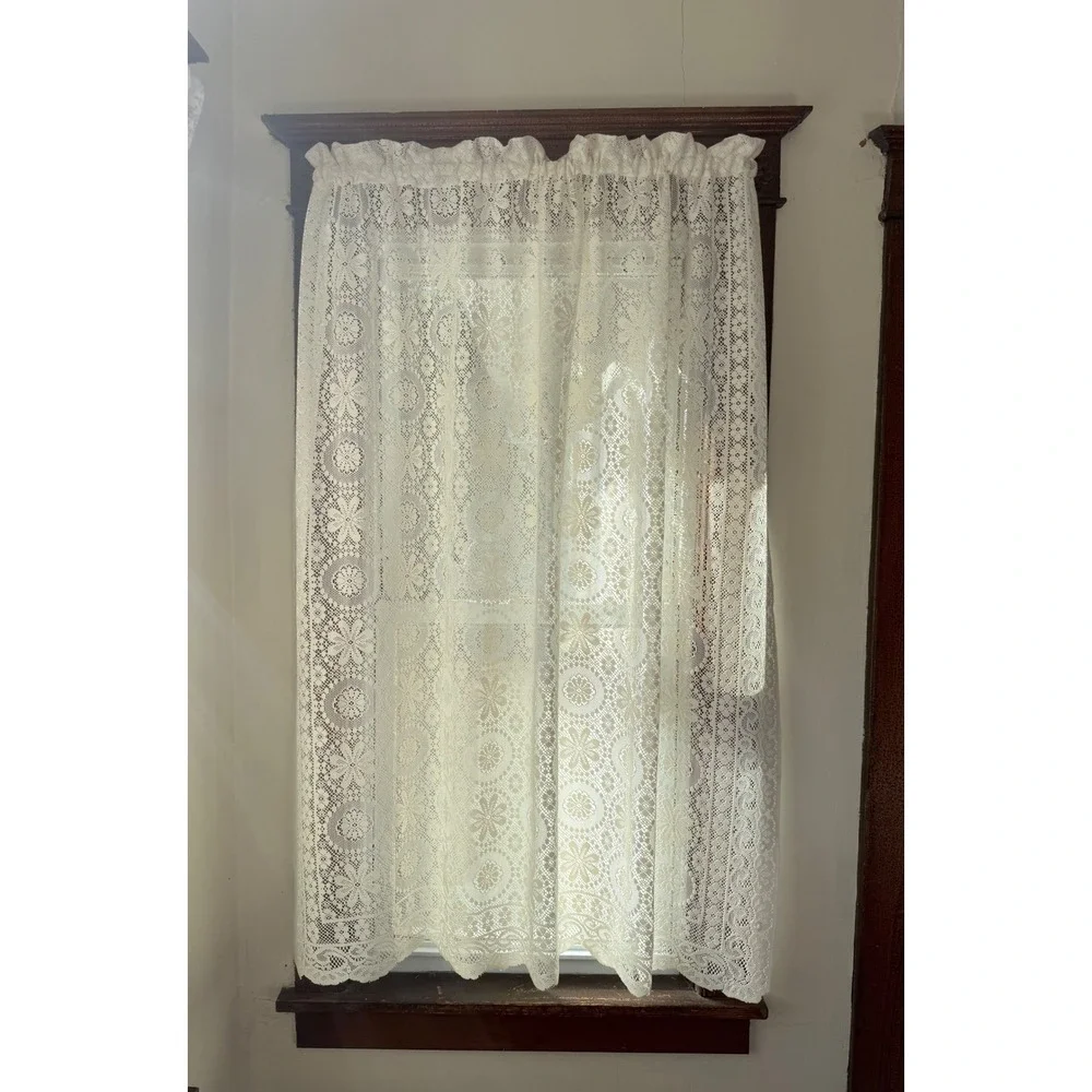 Vintage Cream Floral Lace Curtain Panel Medallion Pattern 60x64 Rod Pocket
